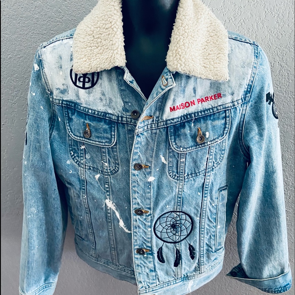 Denim Jacket w/ Sherpa Collar Designed, Painted, & Embroidered by Maison Parker
